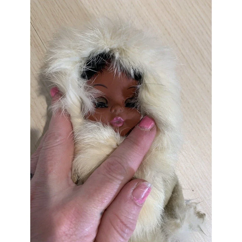 Vintage Eskimo Doll With Blinking eyes, real fur, leather necklace, No tags